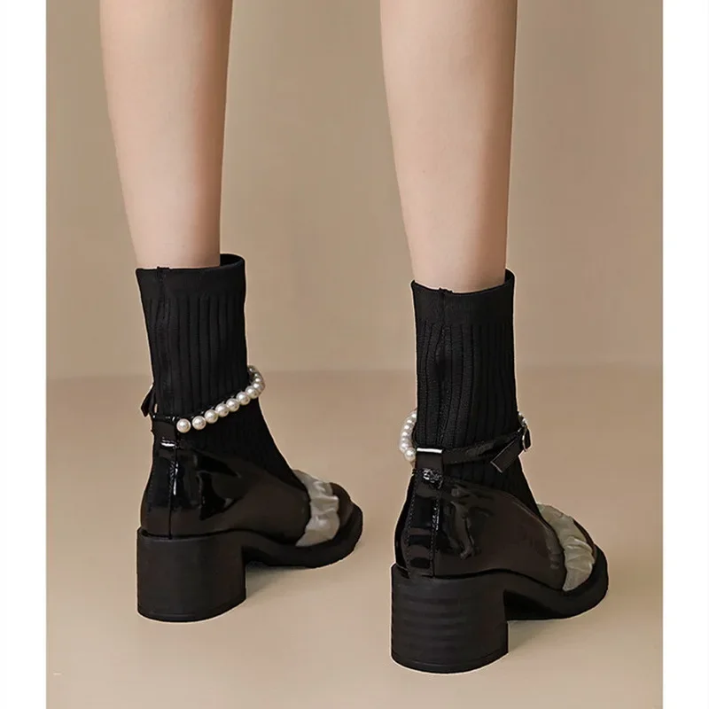 Fashion Women Socks Boots Pearl Lace Buckle Belt Slip-on Platform Ankle Boots Mary Jane Shoe Autumn Casual Thick High Heel Boots