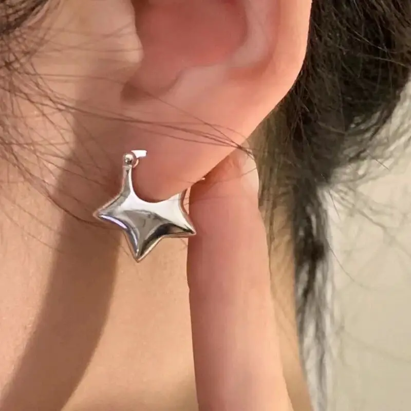 2023 Kpop Cool Punk Fashion Vintage Simple Silver Color Metal Star Hoop Earring for Women Men Aesthetic Jewelry Y2K Accessories