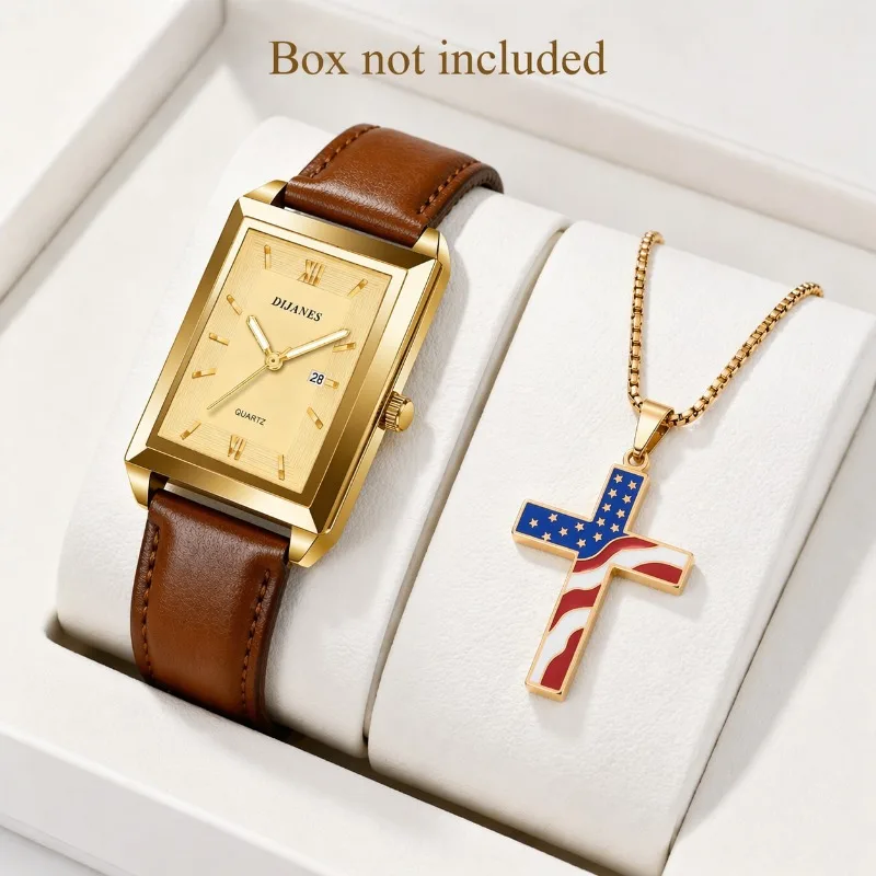2PCS Luxury Men Business Watches Set Fashion Square Metal Dial Leather Strap Quartz Wristwatch For Man Clock Gift (Without Box)