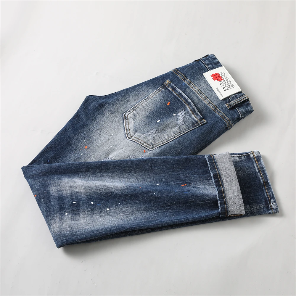 Fashion Streetwear Men Jeans Retro Blue Elastic Stretch Skinny Ripped Jeans Men Vintage Designer Trousers Painted Hip Hop Pants