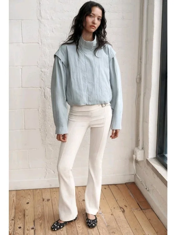 Spring Summer Women's Street Style Pleated Decorative Zipper Long Sleeve Stand Collar Short Coat Polyester Fiber 3D Effect