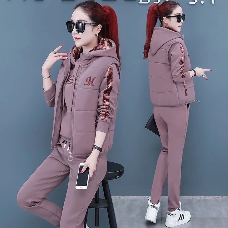 2024 Autumn Winter New Women\'s Casual Sweat Suit Fashion Plush Thickened Hooded Tops Waistcoat Pants 3 Three Piece Set For Women