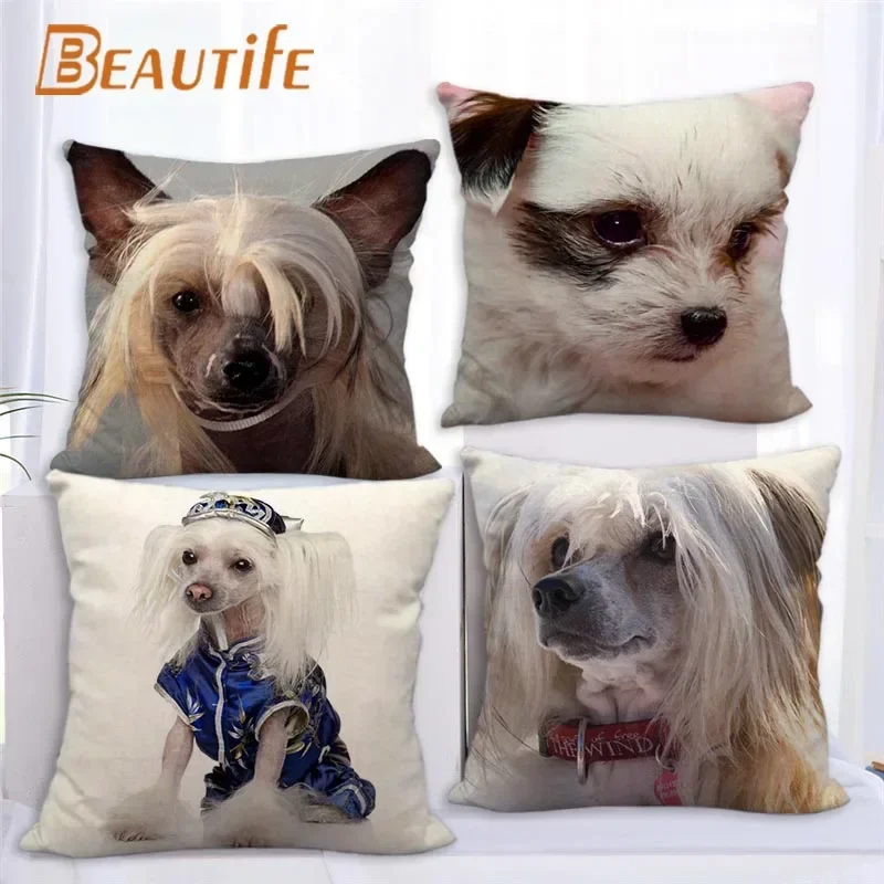 Custom Chinese Crested Dog Pillowcase 45X45cm Wedding Decorative Eco-Friendly Cotton Linen Fabric Pillow Case