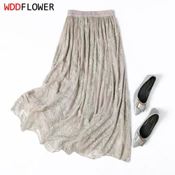 Women Silk Skirt 100% Mulberry Silk Embroidery Office Lady Skirts with Double Lining Summer Beach Big Hem MM770