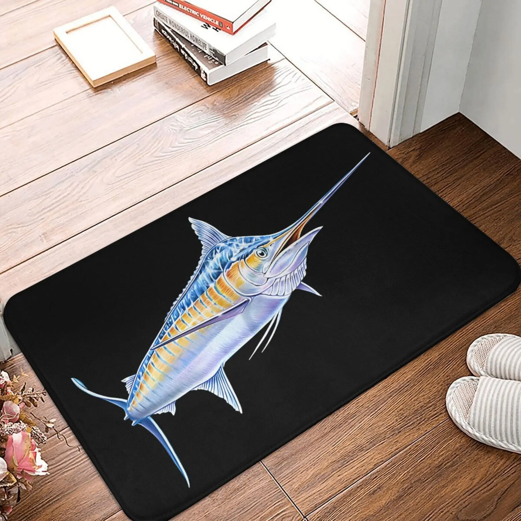 VIKAMA Marlin Fish Doormat Black Background Swordfish Print Non Slip Floor Mat For Entryway Bathroom Indoor Home Decor