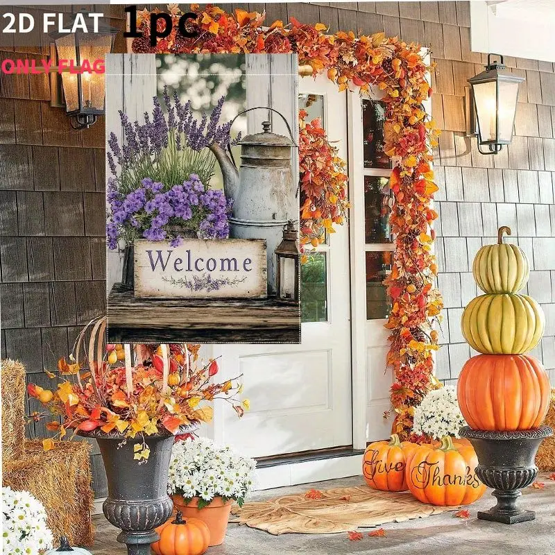 2D FLAT 1pc Double-Sided garden flag Welcome Sign Lavender Bucket Garden Scene 28x40 Inch Polyester