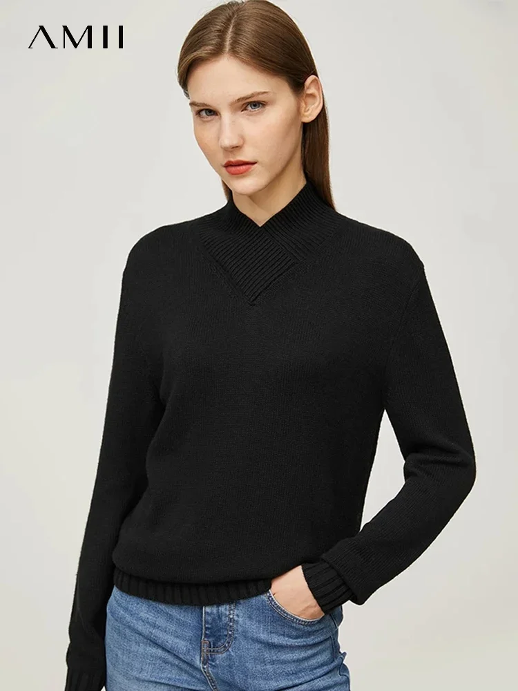 Amii Minimalism Winter Sweater For Women Elegant Stand Collar Loose Knitted Tops Office Lady Cashmere Sweaters Pullover 12120328