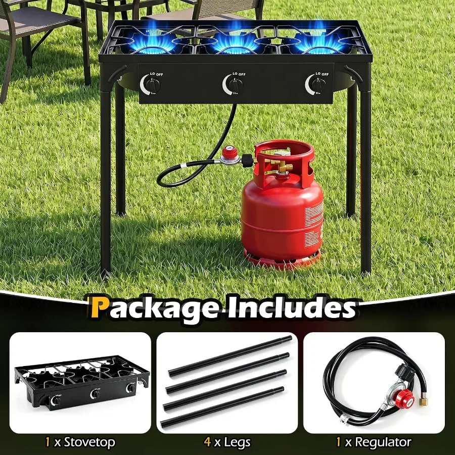 3 Burner Propane Gas Stove for outdoor cooking, stainless steel, black, 240, 000 BTU high pressure output and precise flame con