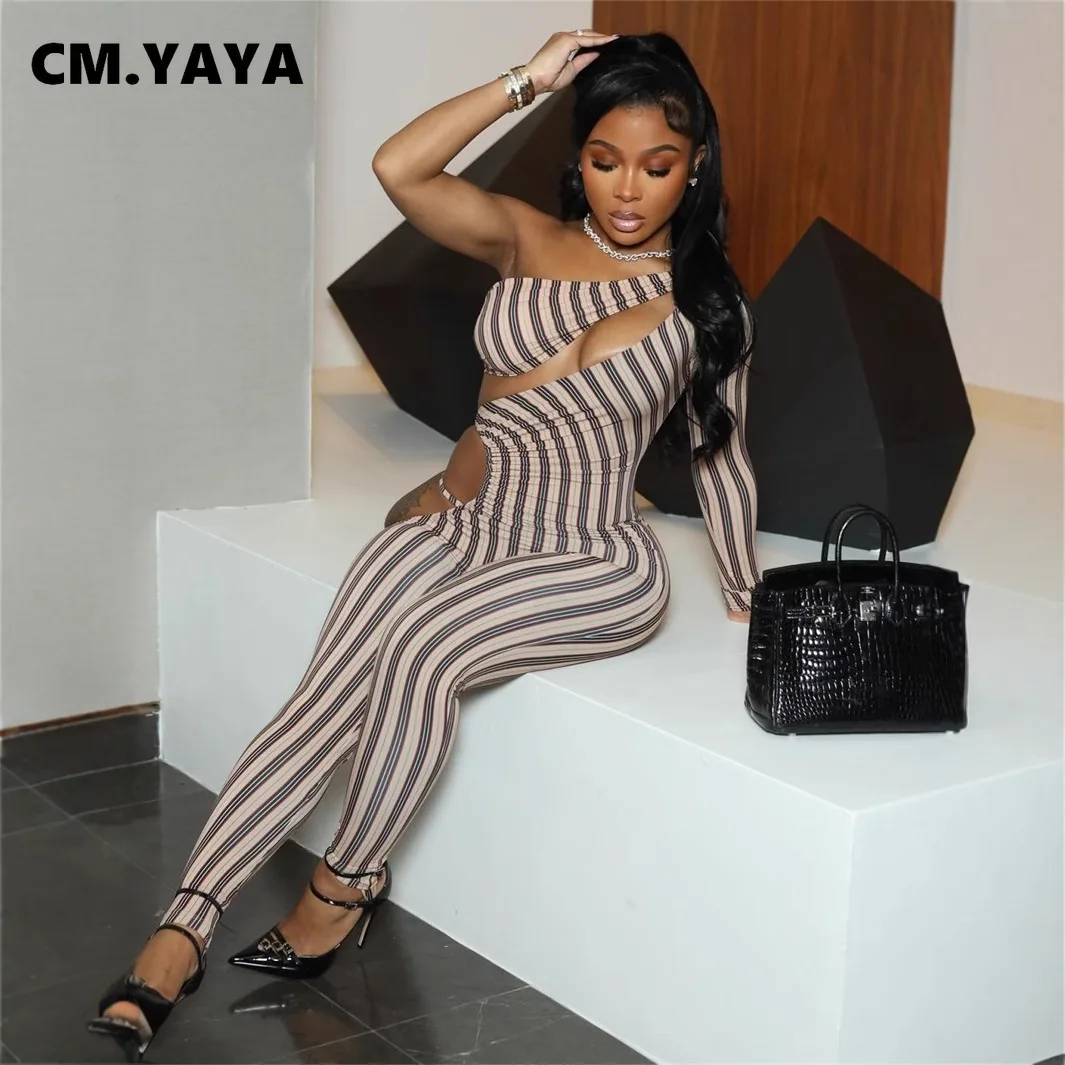 CM.YAYA Active Striped Print One Full Sleeve Bodycon Jumpsuit for Women Sexy Club One Piece Overall Hollow Out Rompers Outfits