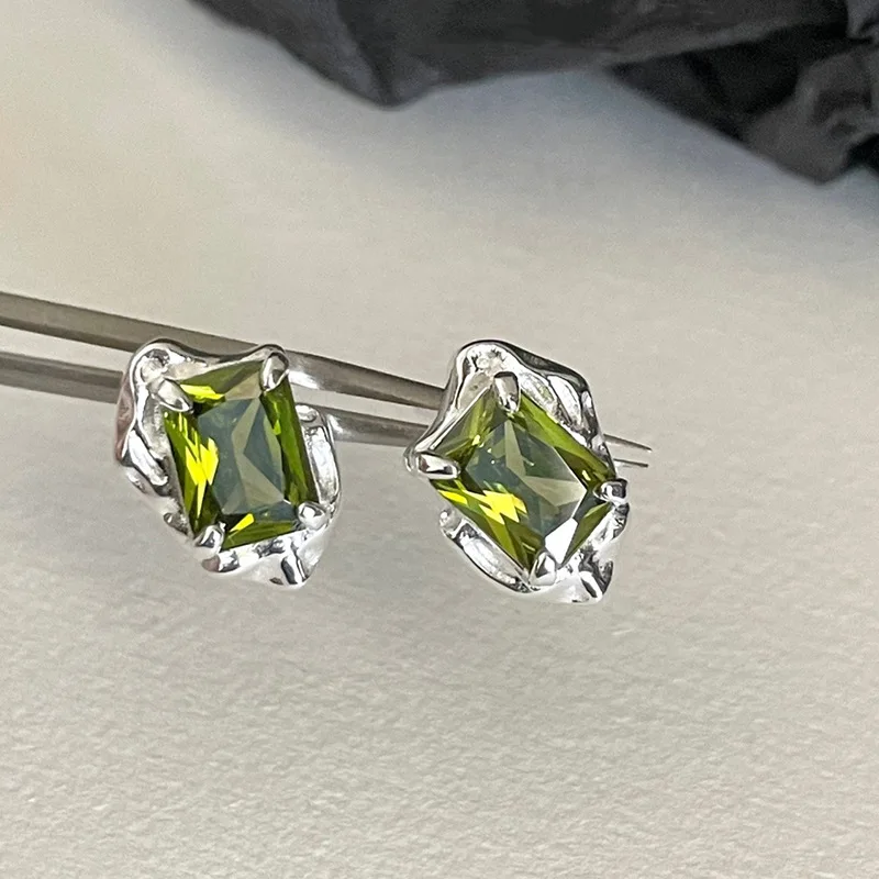 Vintage Personality 925 Sterling Silver Green Square Crystal Irregular Lava Stud Earrings for Women Girls Jewelry Accessory Gift