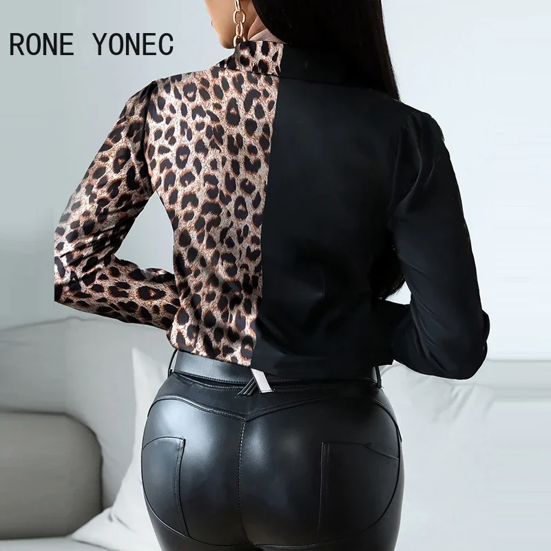 Women Shirt Elegant Cheetah Print Button Design Long Sleeve Shirt Blouse