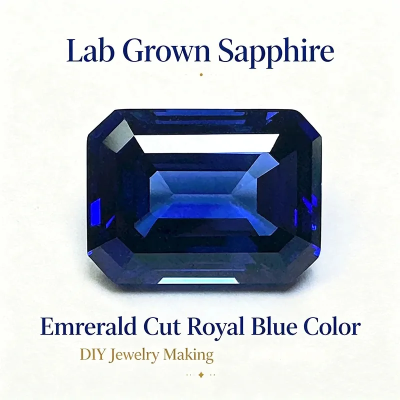 Lab Grown Sapphire Royal Blue Color Emerald Cut DIY Charms Jewelry Making Ring Necklace Earrings Main Materials Certificate