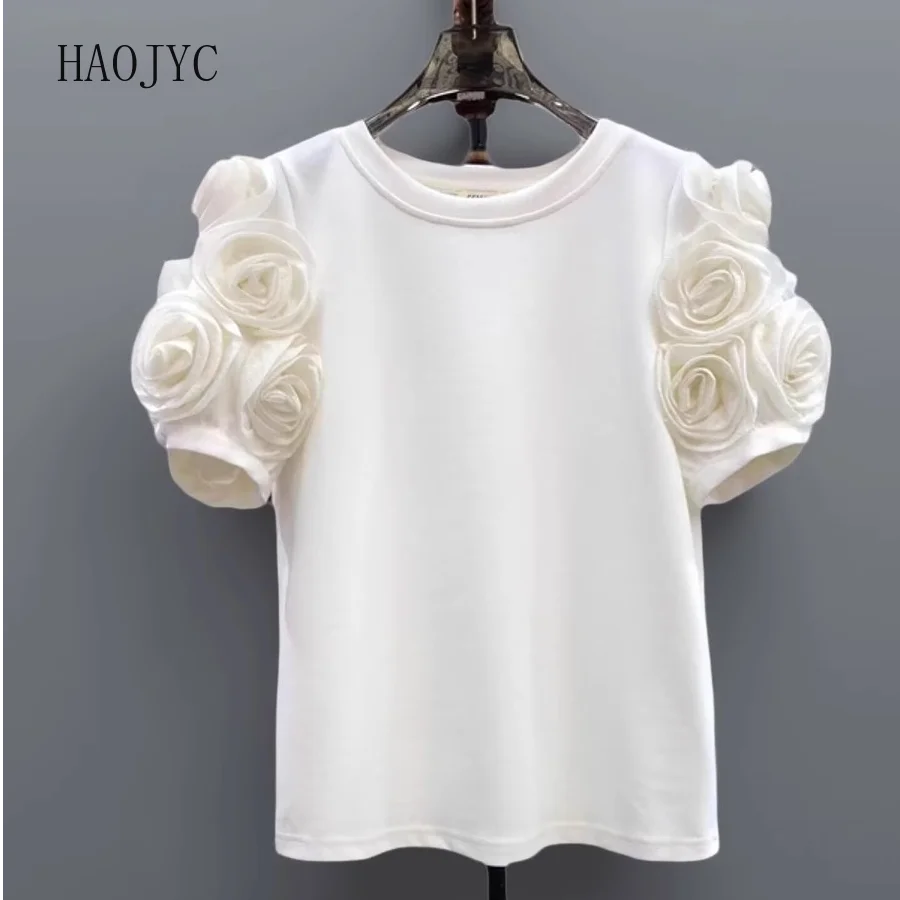 

2025 summer new French niche crew neck top simple three-dimensional flower bubble sleeve t-shirt women