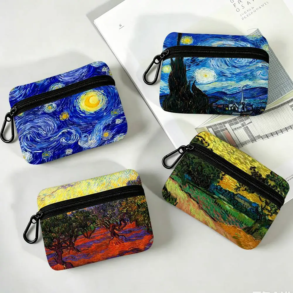 Van Gogh Oil Paintings Oxford Fabric Mini Coin Wallet Smooth Zipper Hanging Design Multi-use Small Storage Bag For Travel