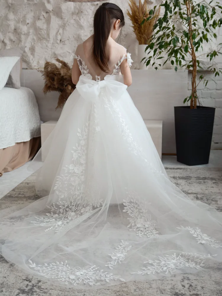 Vestidos de flores blancas para niña, apliques de flores de tul con lazo y cola sin mangas para boda, cumpleaños, vestidos de primera comunión