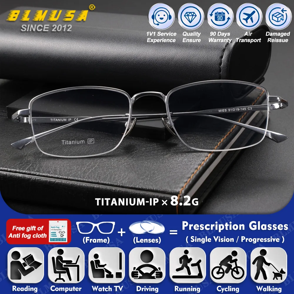 

BLMUSA (L) Simple Half-Frame Ultralight Titanium Myopia Prescription Glasses Men Anti Blue Light Progressive Computer Eyeglasses