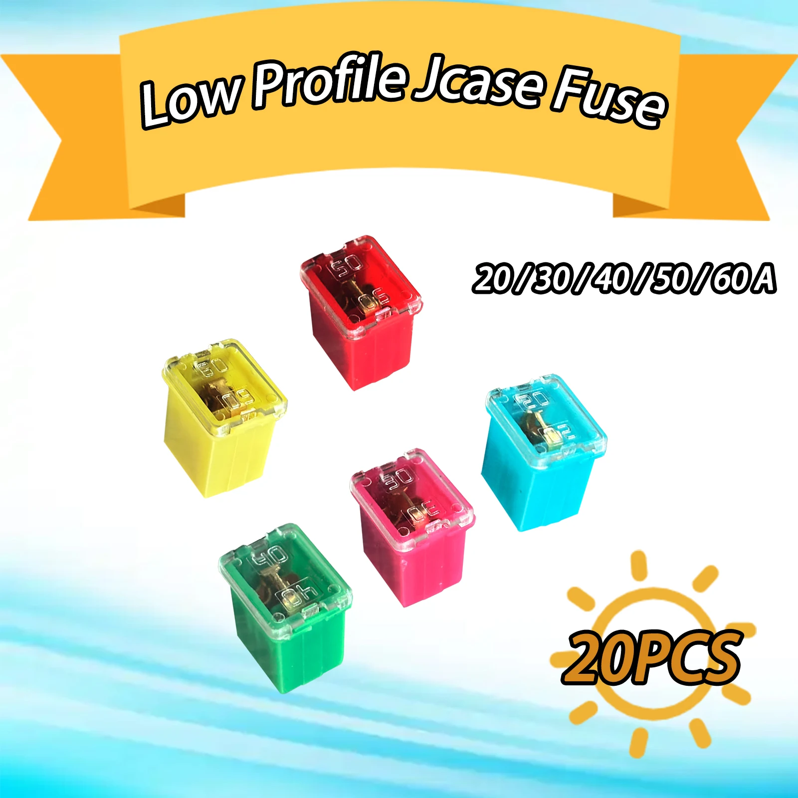 

20PCS Low Profile Box Shaped Jcase Fuses Overload Protection Universal Assortment Kit for Car SUV Truck Auto 20/30/40/50/60A