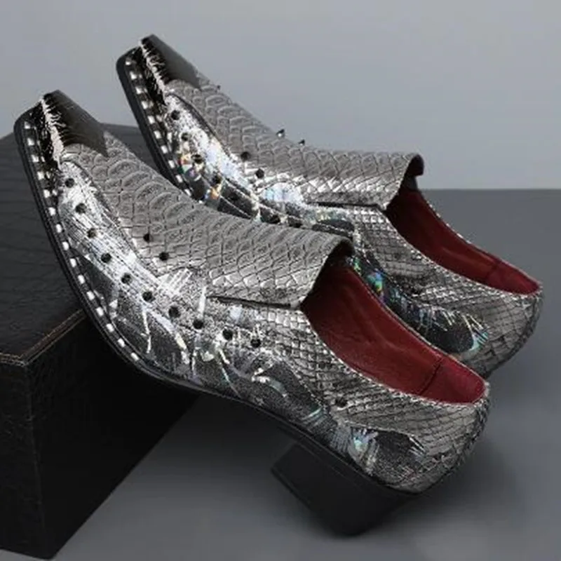 Men Snake Skin Print Pointed Toe Loafers Fashion Rivet Studded Color Block Chunky Heel Party Wedding Formal Business Dress Shoes