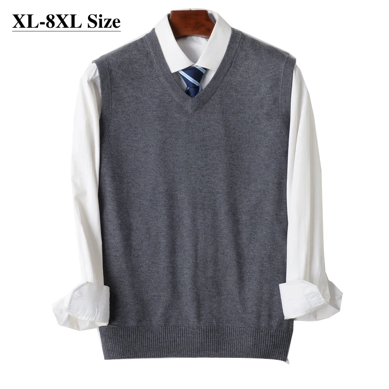 

8XL 7XL 6XL Knit Vest Men's Loose V-neck Sleeveless Sweater Solid Color Business Casual Autumn Winter Pullover All-Match Clothes