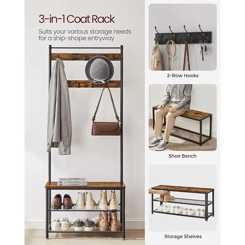 Four-in-one multi-layer entrance storage rack Iron independent hanger Hanging rod Shoe stool Household foyer rack