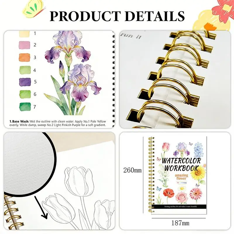 Spiral Bound Watercolor Flower Workbook Thick Paper Easy Guides For Beginners Daily Art Practice