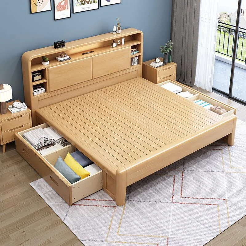 Modern Luxury Bedroom Furniture Set Oak Queen King Size Bed Frame Wood Beds