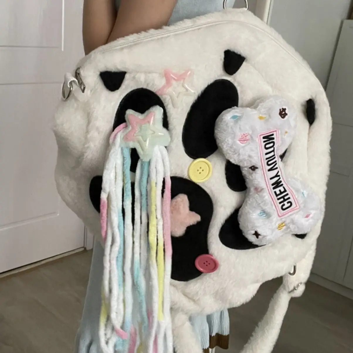 HAEX-Kawaii Patchwork Mochila para Mulheres, Decoração De Osso Pata, Peludo Estrela Borla, Subcultura Sacos, Grande Capacidade, Y2K