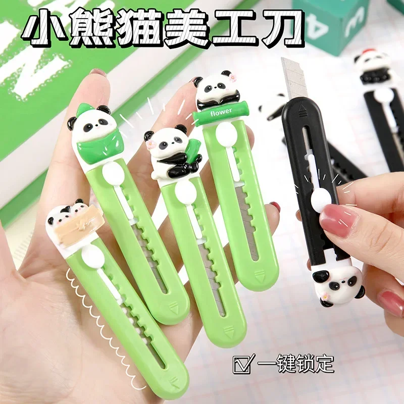 1Pc Cute Cartoon Panda Green/Black Mini Utility Knife Kids Safety Envelope Express Box Box Opener Office Stationery Paper Cutter