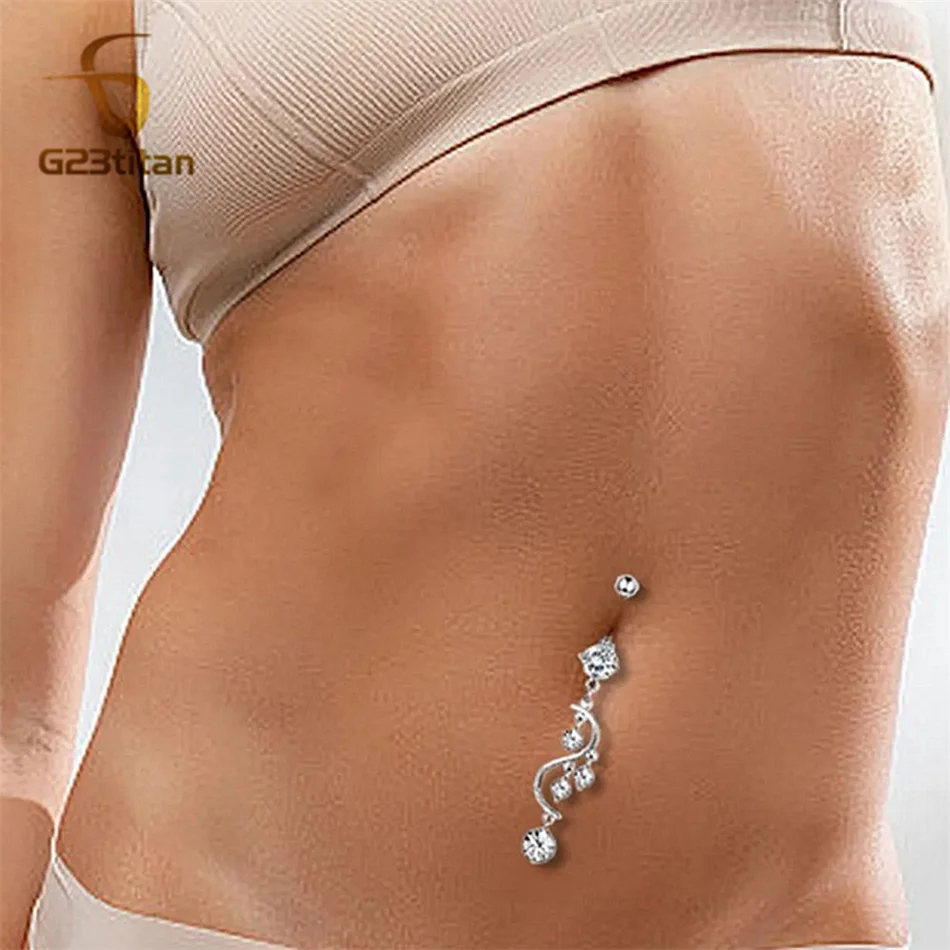 طويل شرابة البطن الدائري الزركون معلقة الطبية G23 التيتانيوم بار المضادة للحساسية 14 جرام السرة ثقب بنين بنات بوهيميا مجوهرات للجسم #5