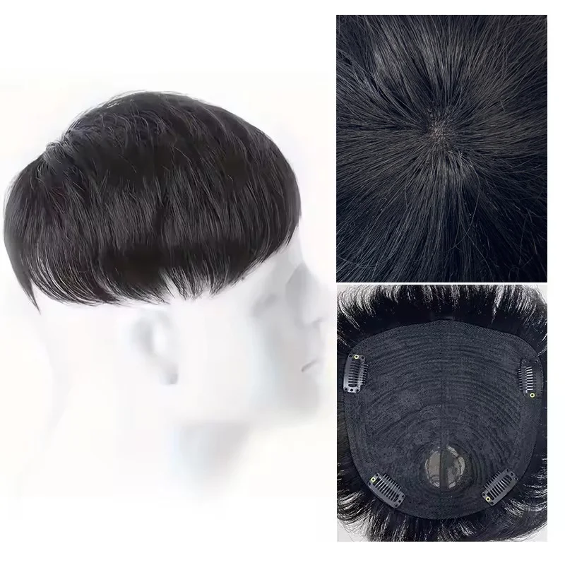 Men's Wig Short Hair Real Hair Invisible Head Replacement Block To Cover Gray Hair Mediterranean Men's Hair Replacement Piece