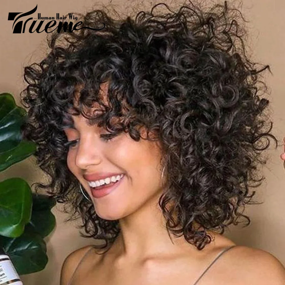 

Trueme Short Curly Bob Wig Human Hair Wigs Colored Brazilian Human Hair Wig For Women Ombre Hair Bouncy Curl Full Wig For Women