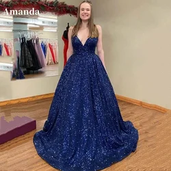 Amanda Nevy Blue Prom Dress 2023 Sweet Ball Gown Evening Dress Sleeveless A-line فساتين مناسبة رسمية Shiny Party Dress