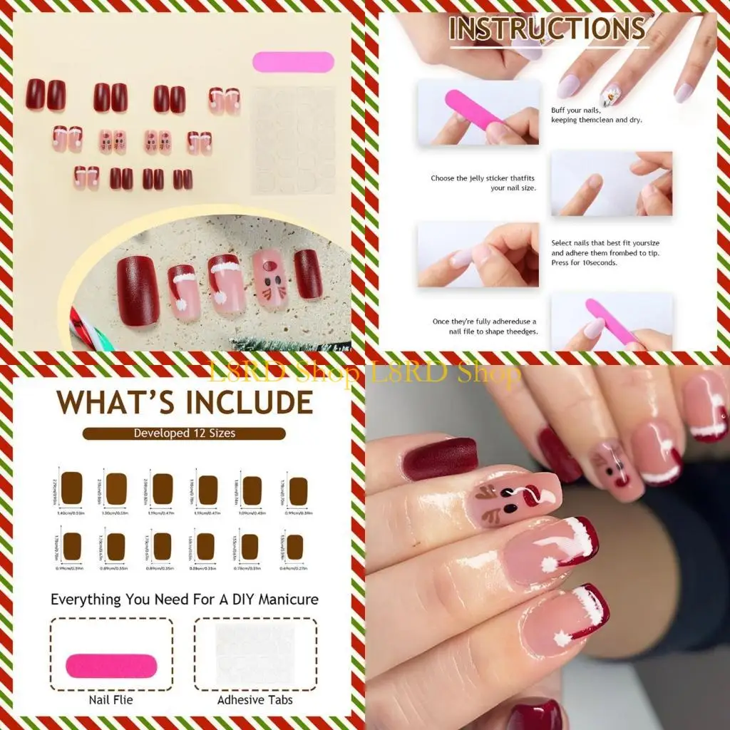 

L8RD Christmas Press on Nails Square False Nails French Tip Acrylic Reindeer Santa's Hat on Nails for Women and Girls