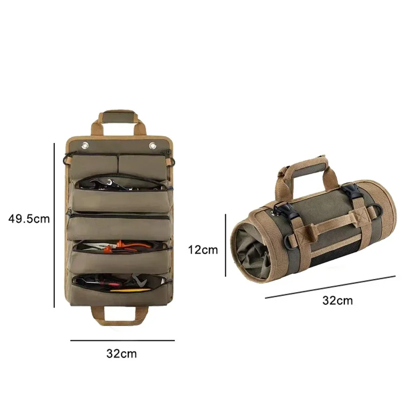 Multi-function large capacity roll-up kit, canvas tool roll car storage bag, hanging tool zipper carrier bag camping gear