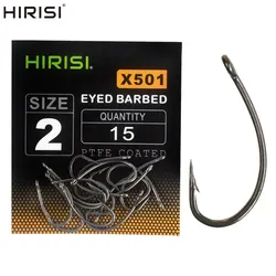 Hirisi 15pcs PTFE Coated High Carbon Stainless Steel Barbed Fish Hook With Eye Carp Fishing Accessories X501