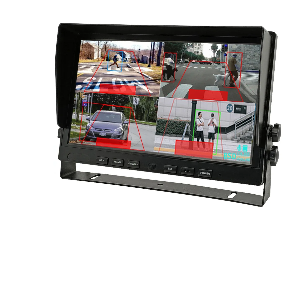 AI Monitor System 10.1 Inch  Quad Screen 4 Channels BSD Pedestrian Detection Camera System with External Buzzer  for Truck Bus