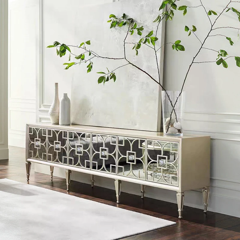 

American light luxury TV cabinet high-end living room home floor cabinet solid wood European mirror storage locker integrated