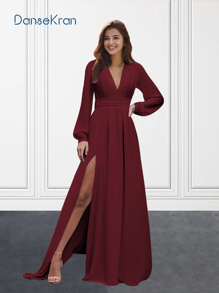 Long Sleeve Bridesmaid Dresses for Women Customized V-Neck Ruched Chiffon Formal Wedding Guest Dresses with Side Slit