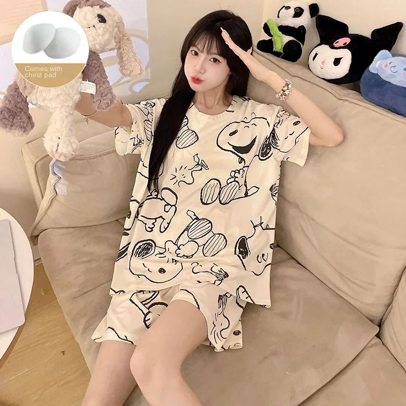 Kawaii Snoopy Pajama Cartoon Cute Couple Loose Printing Home Wear Y2K Fashion Soft Thin Home Pyjamas Casual T-shirt Woman Gifts