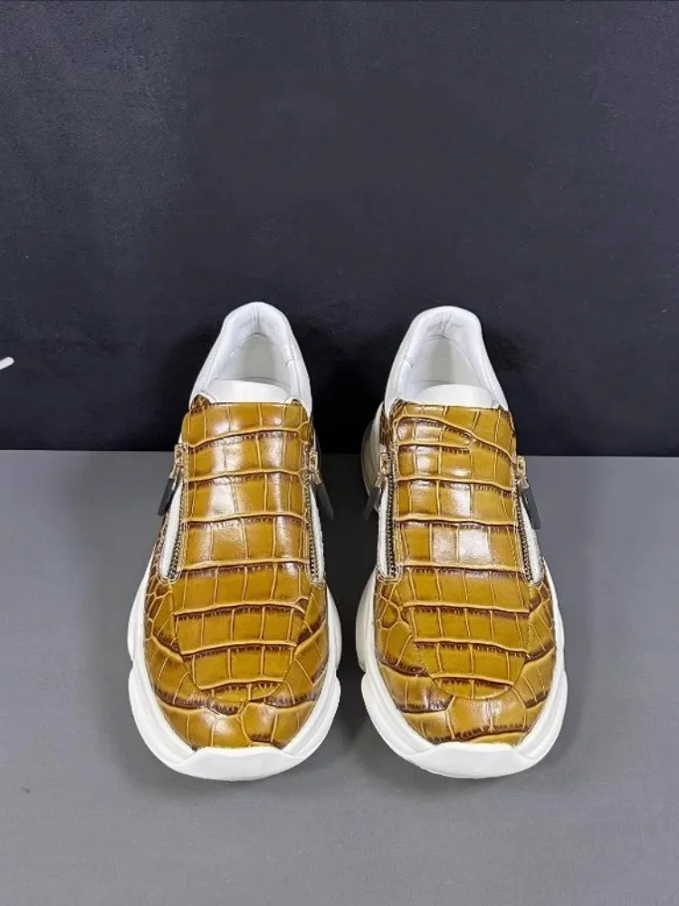 Cow Leather Crocodile Pattern Men Sneakers Low Cut Shoes Top Quality Real Cowhide Loafers Thick Soled Height Increasing Footwear
