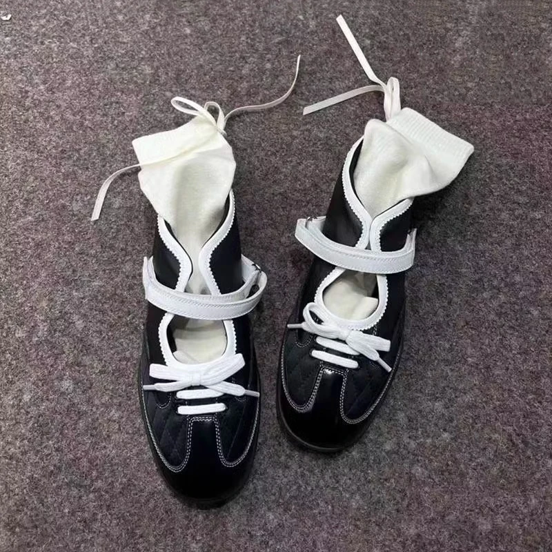 

Color-Blocked Casual Sports Ballet Pumps Lace-Up Thick-Soled Mary Jane Sneakers All-Match Shallow Women Shoes Chaussure Femme