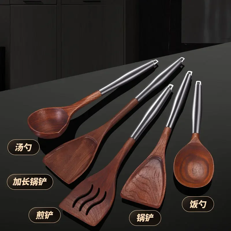 Walnut 304 Stainless Steel Kitchenware Set For Kitchen Household Kitchen Spoon Thickened Non-stick Pan Spatula Novel Accessories