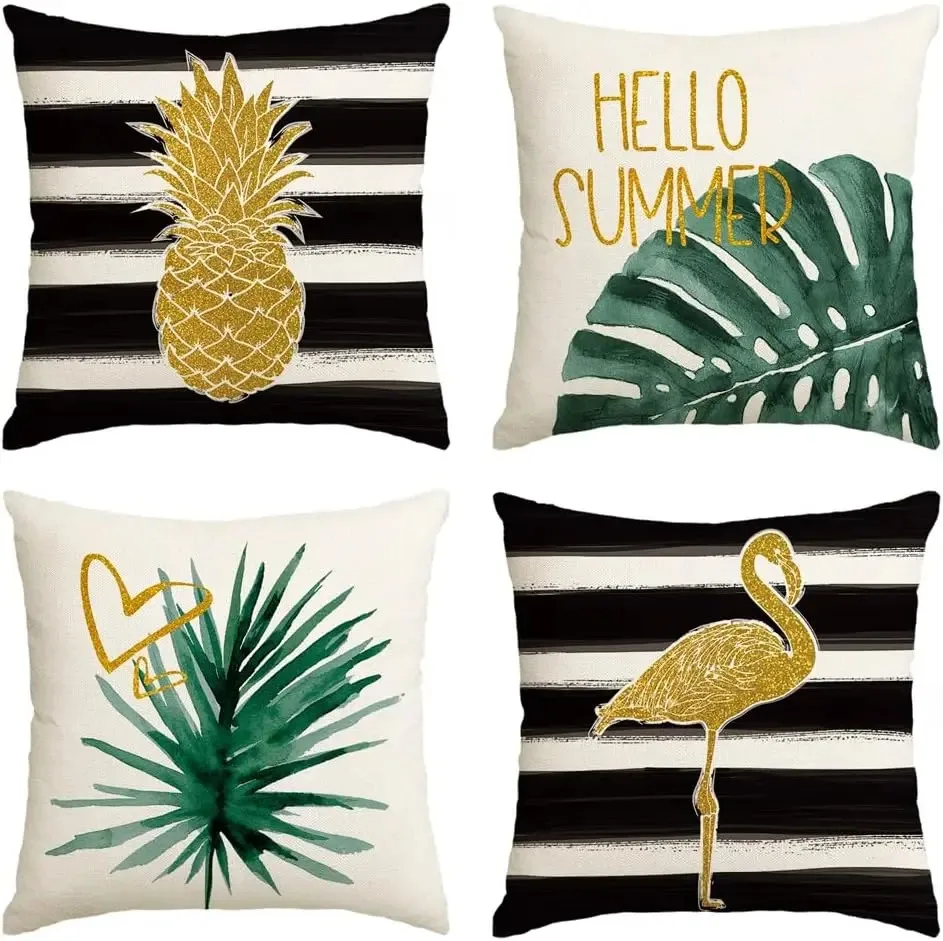 Watercolor Stripes Tropical Plants Throw Pillow Cover, Pineapple Flamingo Monstera Cushion Case for Sofa Couch Set of 4