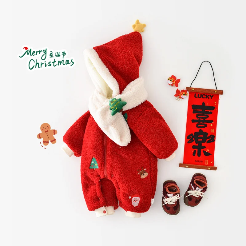 

Newborn Baby Boys Girls Christmas Costume Winter Romper Jumpsuit Scarf 2PCS Clothes Set Child Warm Thick Infant Bodysuit