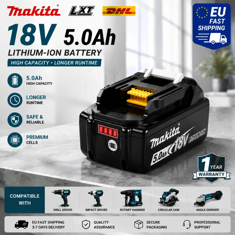 EU-Lagerbestand Makita 18V 5,0Ah Akku BL1850B BL1860B LXT Hochleistungs-Li-Ionen-Ersatzakku für Bohrschrauber, Schleifer, Säge, schnelle EU-Lieferung