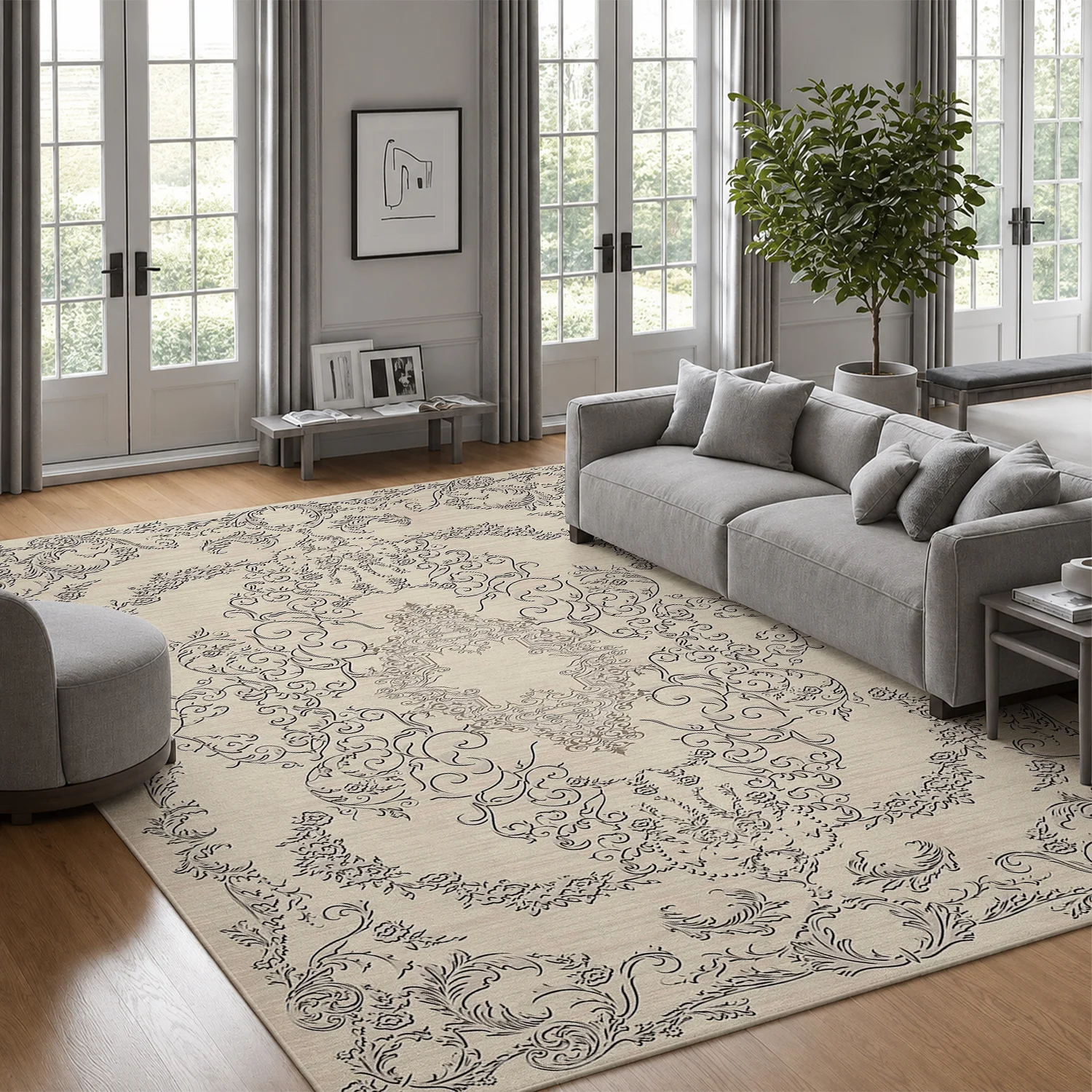 Large Indoor Area Rug, Soft Velvet Low Pile Rug with Non-Slip Dotted Backing, Machine Washable Vintage Ornate Scroll Pattern Rug for Living Room, Bedroom, Home Floor Decor