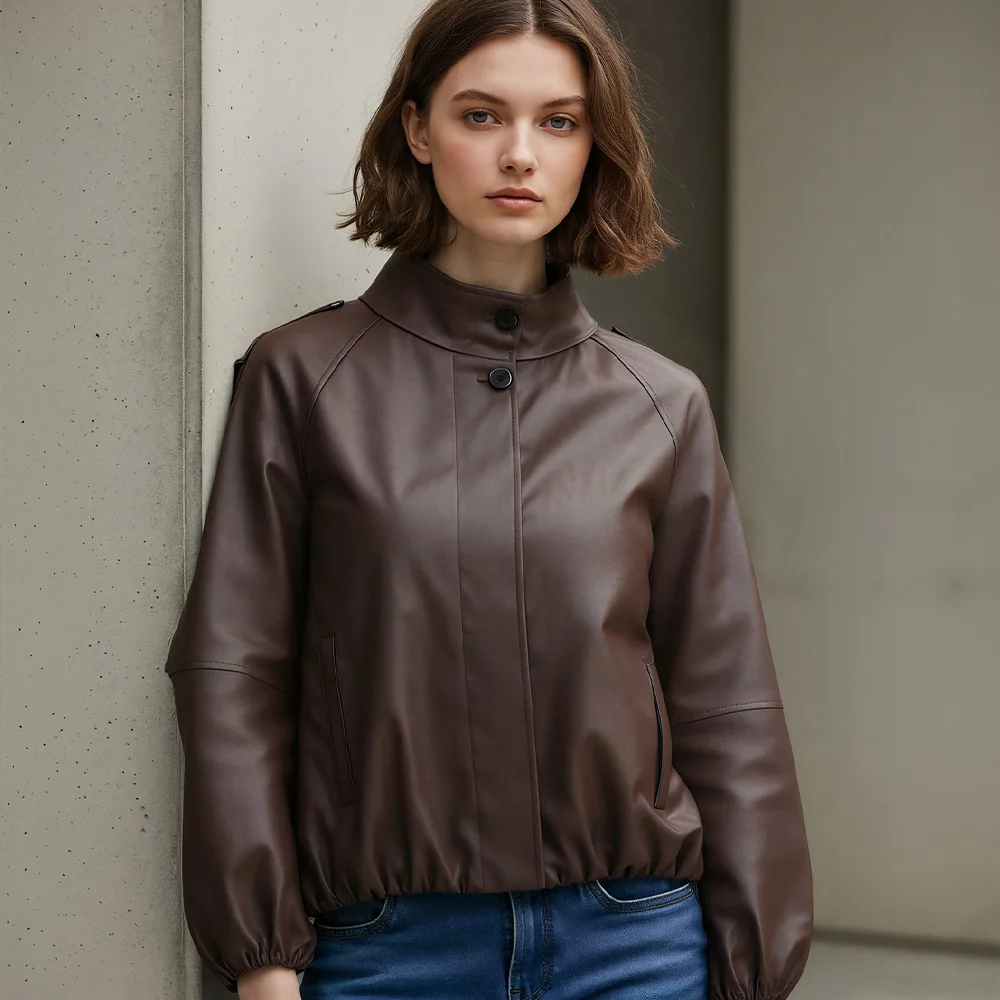 Otoño/Invierno nueva moda mujer estilo europeo y americano manga larga imitación cuero cuello alto chaqueta abrigo corto