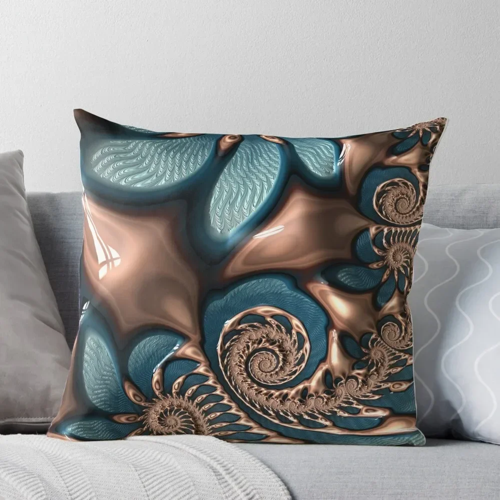 Teal and Chocolate Swirl - Blue Brown Fractal Spirals Throw Pillow Marble Cushion Cover Cushions Home Decor Pillow