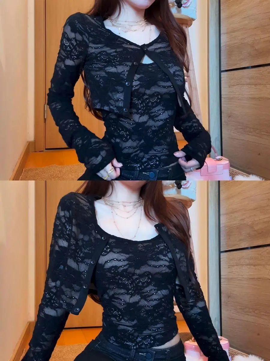Women Spring Sexy Lace Set 2-Piece See Through Crop Top Cardigan