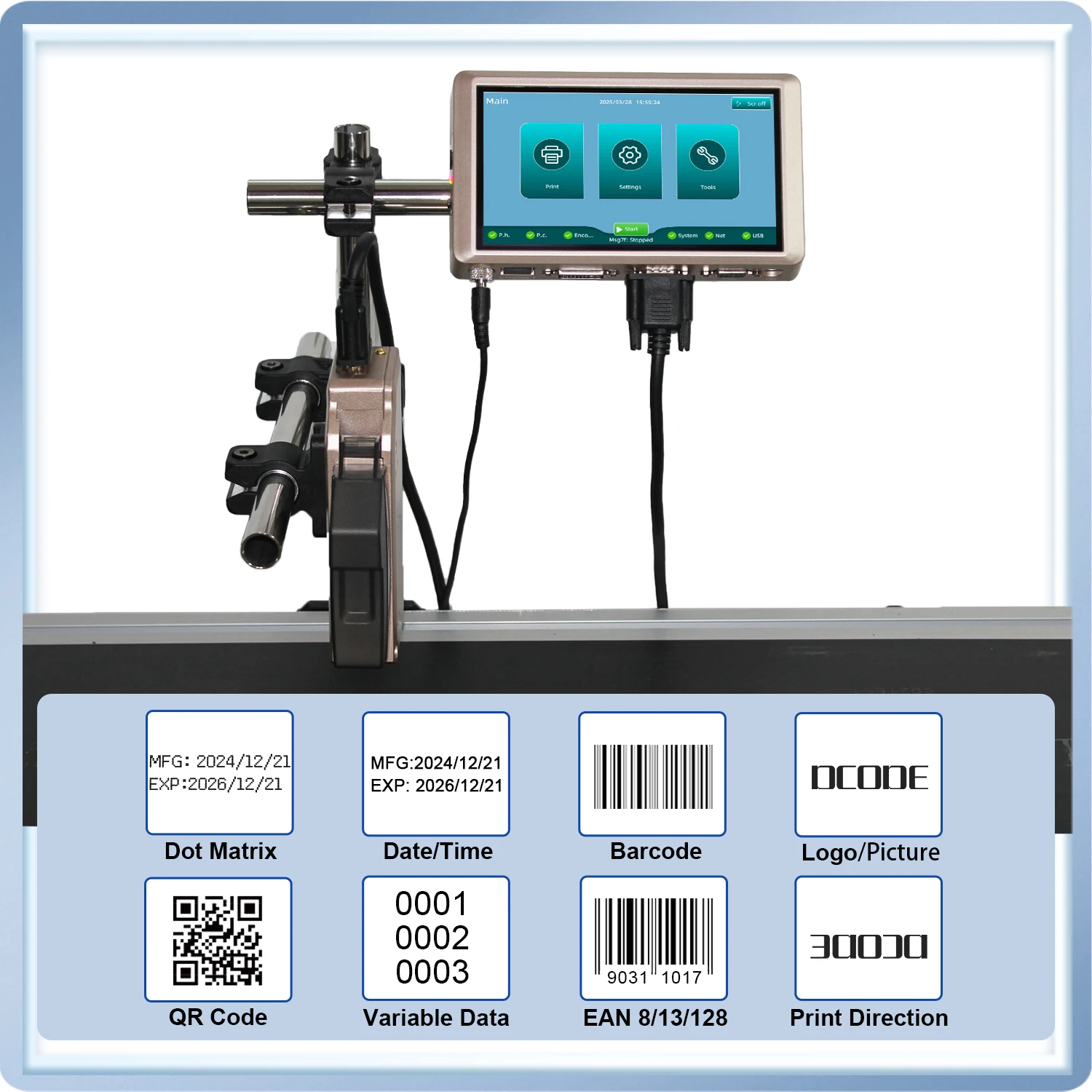 DCODE PRX1000 Stampante termica a getto d'inchiostro Schermo capacitivo da 6,5 pollici Stampante a getto d'inchiostro online Data di scadenza Testo Codice a barre Numero di lotto Coder